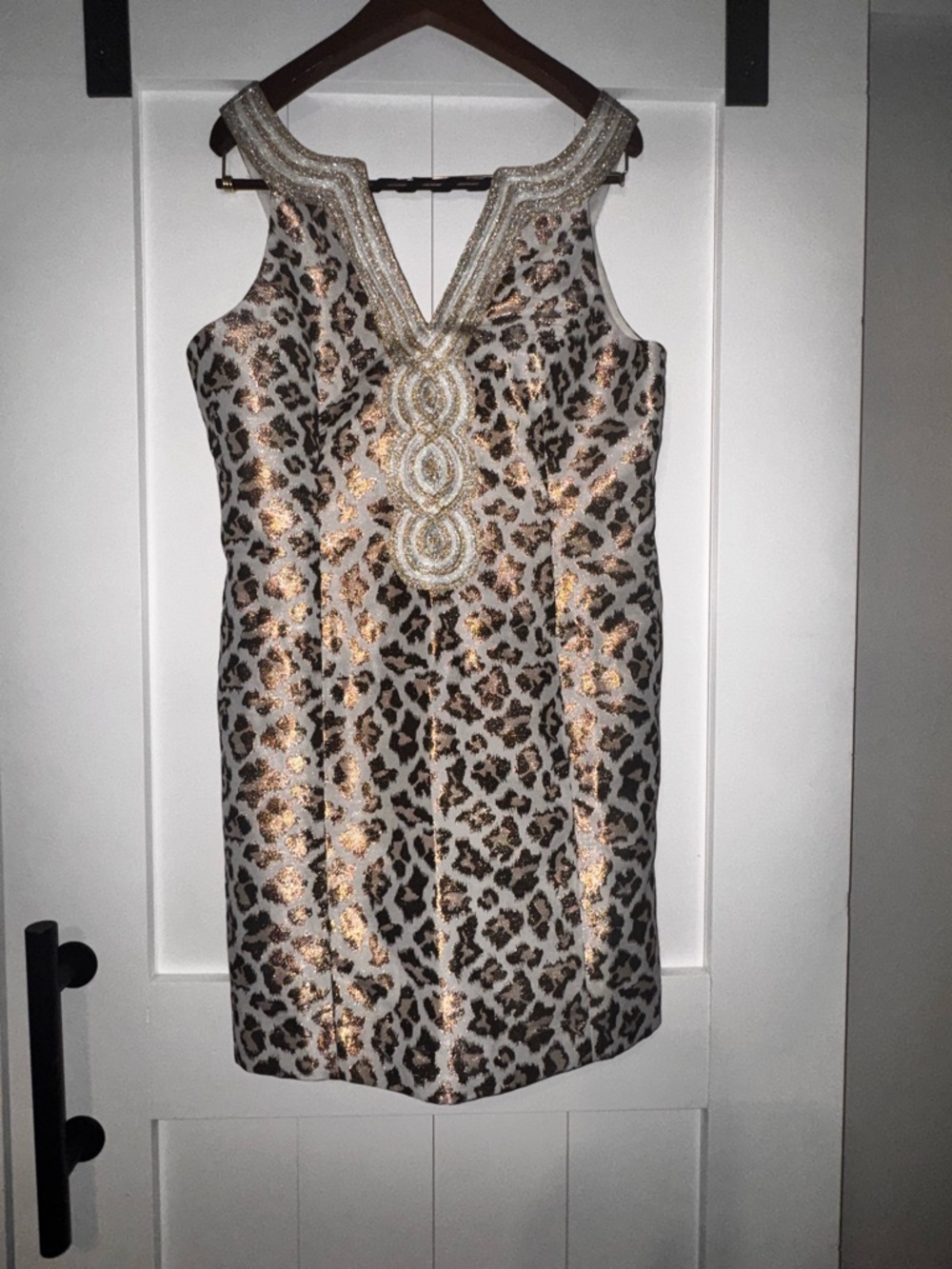 Lilly Pulitzer Metallic Leopard Print Midi Dress with Beaded Neckline